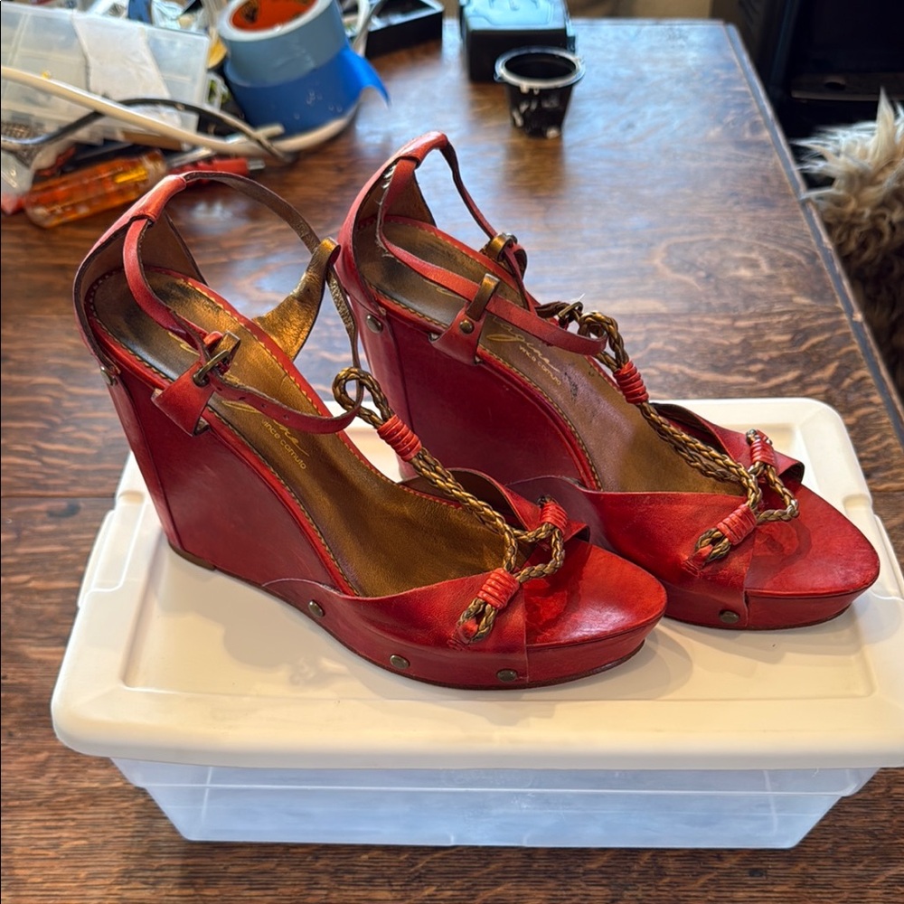 Elegant Red Wedge Sandals